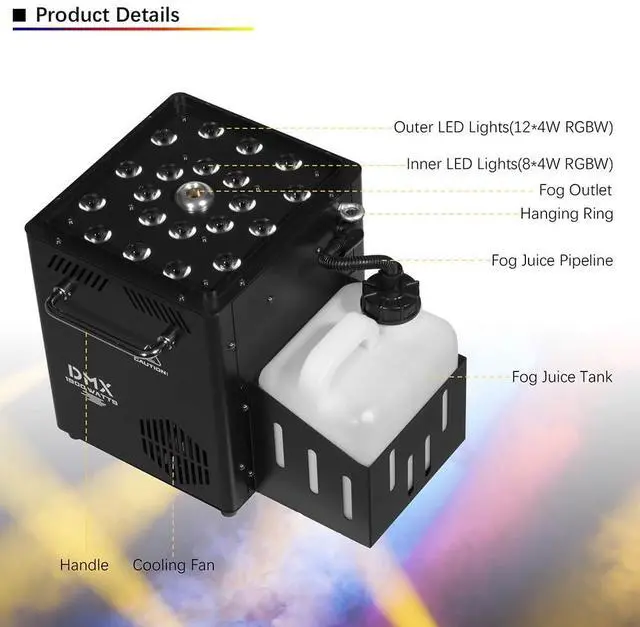 Alt view image 7 of 7 - Vertical Fog Machine 1800W with Remote & DMX Control, Timer | 8 Inner & 12 Outer Independent LEDs, Multi Light Modes for Stage Performances, Halloween, Gender Reveal Parties