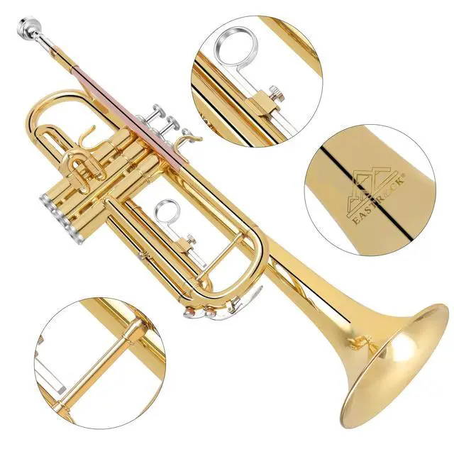 Alt view image 4 of 7 - Bb Trumpet Standard Trumpet Set with Carrying Case,Gloves, 7C Mouthpiece, Cleaning Kit, Tuning Rod (GOLD/Phosphor Copper)