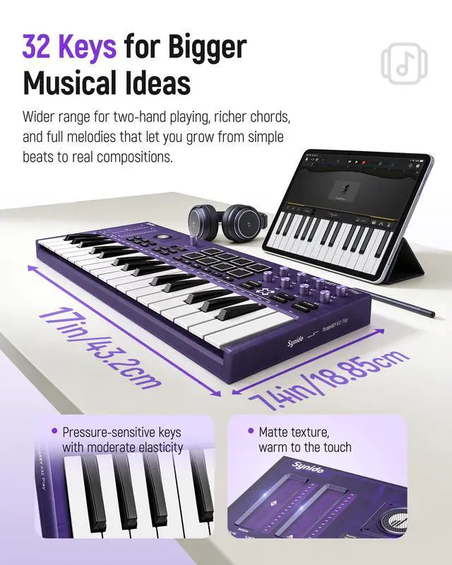 Alt view image 3 of 7 - Wireless 32 Key MIDI Keyboard Controller Rechargeable with Built-in Speaker | 8 Drum Pads, 8 Knobs, OLED Display, MIDI In/Out, BT MIDI, Fast Channel Switching, Sound Presets, Included Editor Software