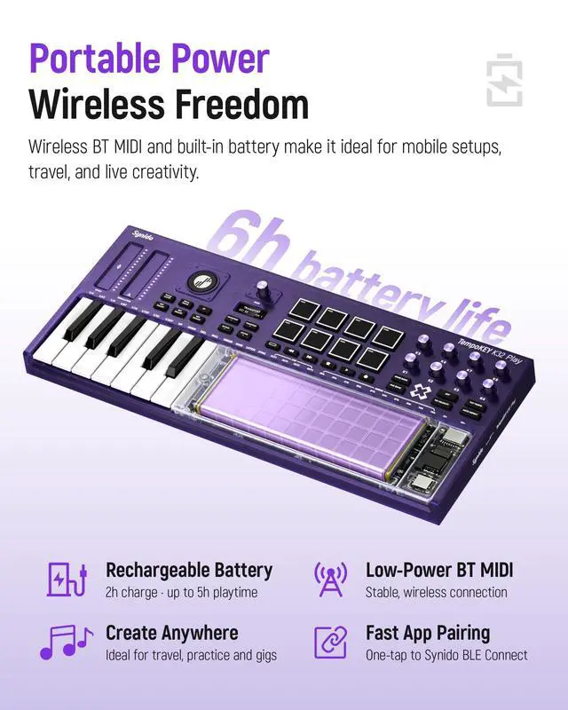 Alt view image 4 of 7 - Wireless 32 Key MIDI Keyboard Controller Rechargeable with Built-in Speaker | 8 Drum Pads, 8 Knobs, OLED Display, MIDI In/Out, BT MIDI, Fast Channel Switching, Sound Presets, Included Editor Software