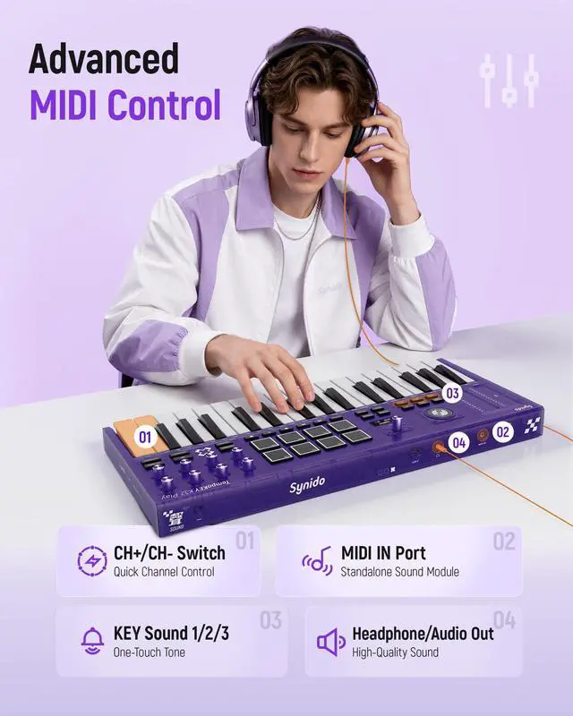 Alt view image 5 of 7 - Wireless 32 Key MIDI Keyboard Controller Rechargeable with Built-in Speaker | 8 Drum Pads, 8 Knobs, OLED Display, MIDI In/Out, BT MIDI, Fast Channel Switching, Sound Presets, Included Editor Software