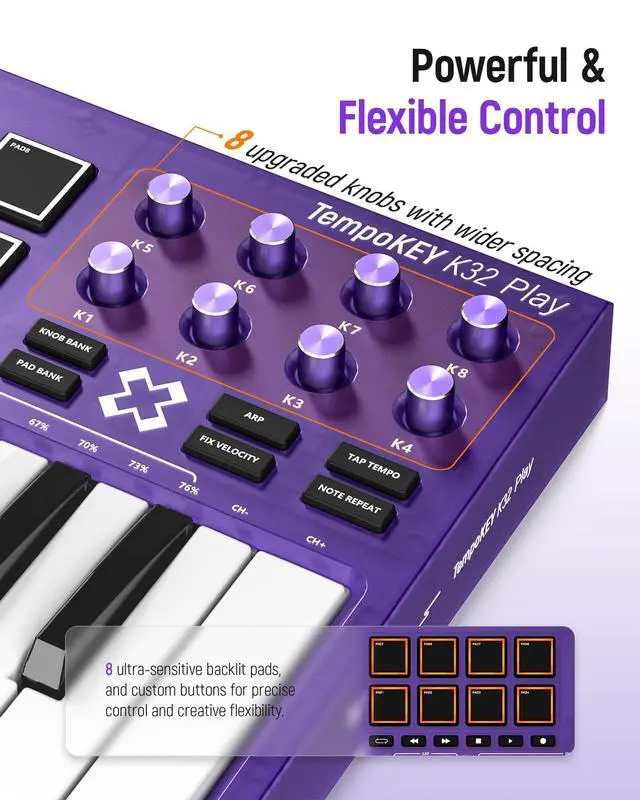 Alt view image 6 of 7 - Wireless 32 Key MIDI Keyboard Controller Rechargeable with Built-in Speaker | 8 Drum Pads, 8 Knobs, OLED Display, MIDI In/Out, BT MIDI, Fast Channel Switching, Sound Presets, Included Editor Software