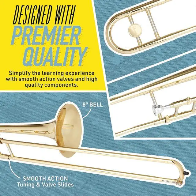 Alt view image 2 of 7 - Bb Tenor Slide Trombone for Beginners - B Flat Brass Plated Trombone Instrument with Tuner, Music Book, Hard Case, Mouthpiece, Cleaning Kit & Gloves (Gold)