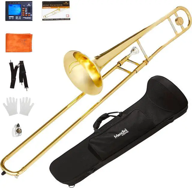 Main image of Bb Tenor Slide Trombone for Beginners - B Flat Brass Plated Trombone Instrument with Tuner, Music Book, Hard Case, Mouthpiece, Cleaning Kit & Gloves (Gold)