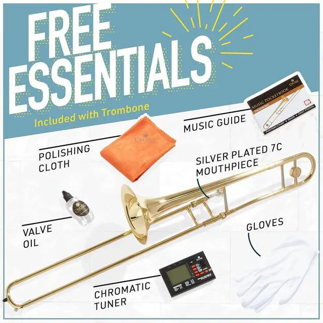 Alt view image 7 of 7 - Bb Tenor Slide Trombone for Beginners - B Flat Brass Plated Trombone Instrument with Tuner, Music Book, Hard Case, Mouthpiece, Cleaning Kit & Gloves (Gold)