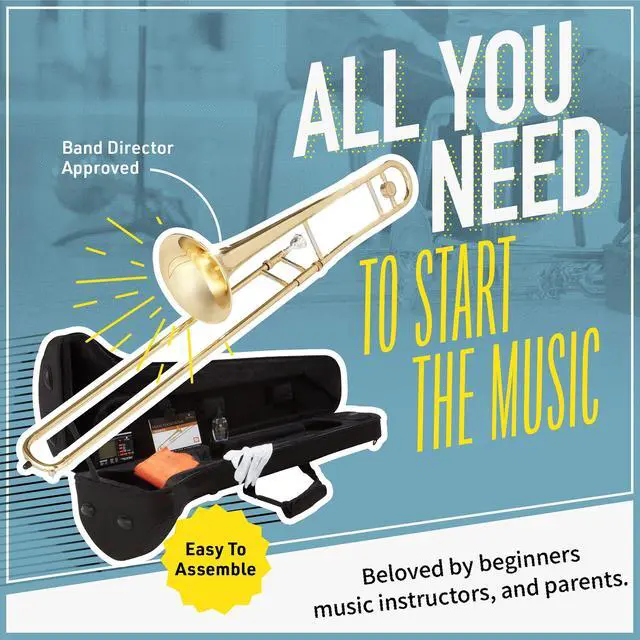 Alt view image 6 of 7 - Bb Tenor Slide Trombone for Beginners - B Flat Brass Plated Trombone Instrument with Tuner, Music Book, Hard Case, Mouthpiece, Cleaning Kit & Gloves (Gold)