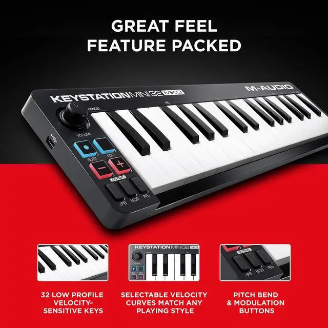 Alt view image 2 of 7 - Keystation Mini 32 MK3 MIDI Controller Bundle with Headphones for Studio Recording, Music Production, Podcasting, Streaming