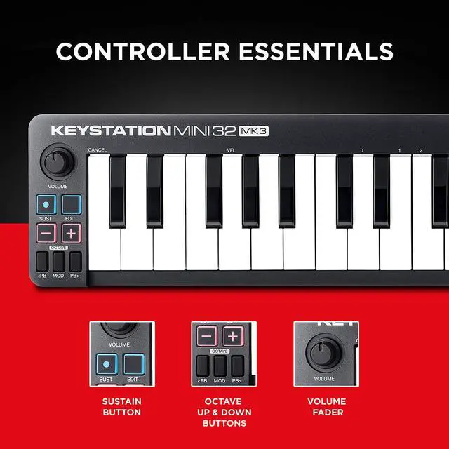 Alt view image 3 of 7 - Keystation Mini 32 MK3 MIDI Controller Bundle with Headphones for Studio Recording, Music Production, Podcasting, Streaming