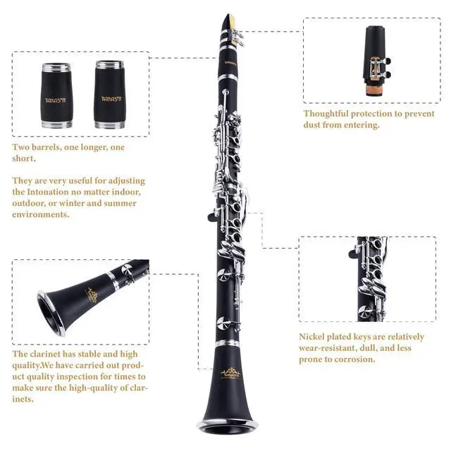 Alt view image 3 of 7 - YANASON Bb clarinet for beginners, Bb nickel-plated 17-keys clarinet, suitable for students, professionals, school bands with Hard Foam Case