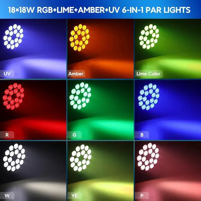 Alt view image 2 of 7 - 18x18W RGBWAUV LED Stage Par Lights for Stage Party Weddings, 2S | High Power,CRI>95,Aluminum Alloy Shell,RGB+Lime+Amber+UV,Cooling Fan,Auto/Sound/DMX512/Master-slave Mode,Long Lifespan