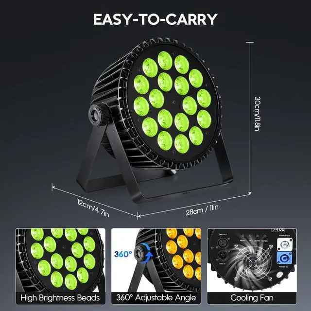 Alt view image 7 of 7 - 18x18W RGBWAUV LED Stage Par Lights for Stage Party Weddings, 2S | High Power,CRI>95,Aluminum Alloy Shell,RGB+Lime+Amber+UV,Cooling Fan,Auto/Sound/DMX512/Master-slave Mode,Long Lifespan