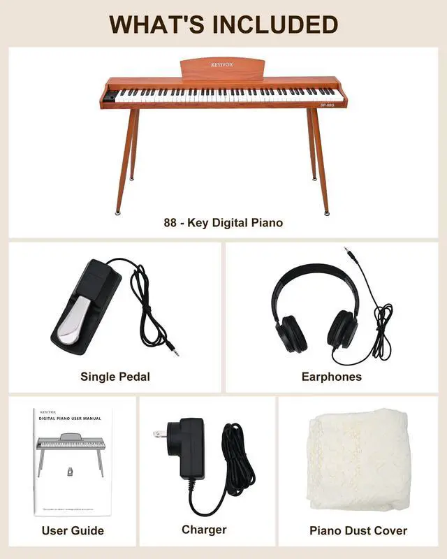 Alt view image 6 of 7 - SP88G Digital Piano Keyboard with Stand & Sustain Pedal, 88 key Semi Weighted Electric Piano for Beginners and Adults, 800 Tones, 600 Rhythms, 80 Demo Songs with Headphones, USB-MIDI