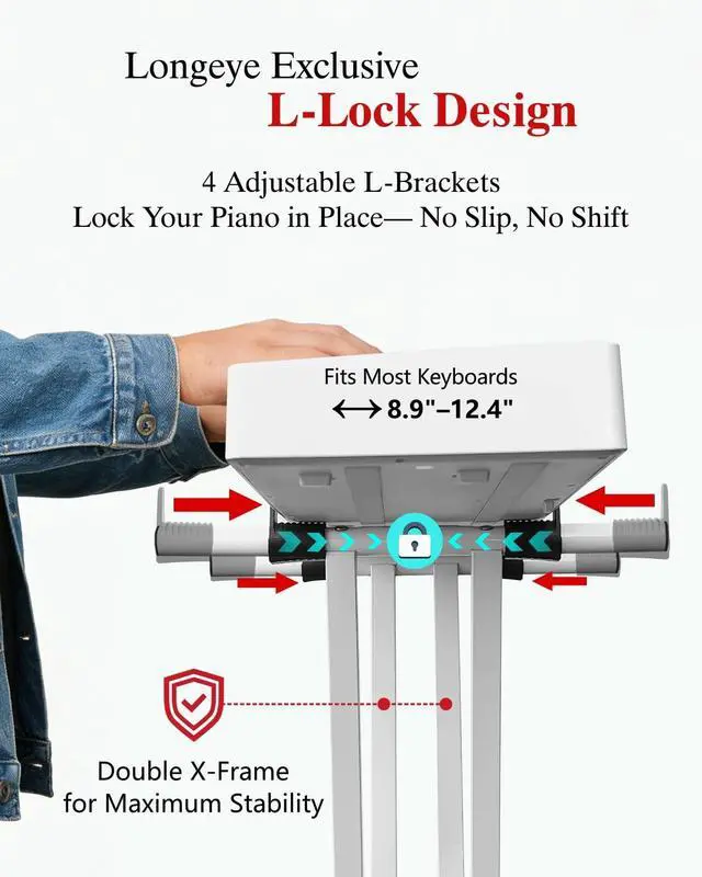 Alt view image 2 of 7 - Longeye Extra Stability Piano Stand and Bench for 88-Key & 61-Key Piano Keyboard, Adjustable Piano Chair with cushion, Foldable X-Style Stand, Padded Seat, Compact, White