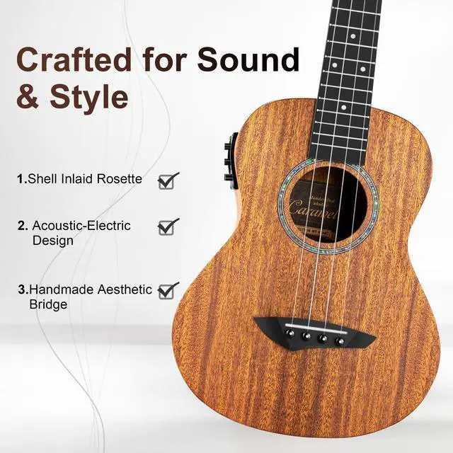 Alt view image 2 of 7 - 26 inch CT402 All Solid Mahogany Tenor Electric Ukulele | LCD color display Beginners Guitar Starter Pack Bundle Gig bag Strap Ukelele Set