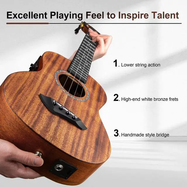 Alt view image 4 of 7 - 26 inch CT402 All Solid Mahogany Tenor Electric Ukulele | LCD color display Beginners Guitar Starter Pack Bundle Gig bag Strap Ukelele Set