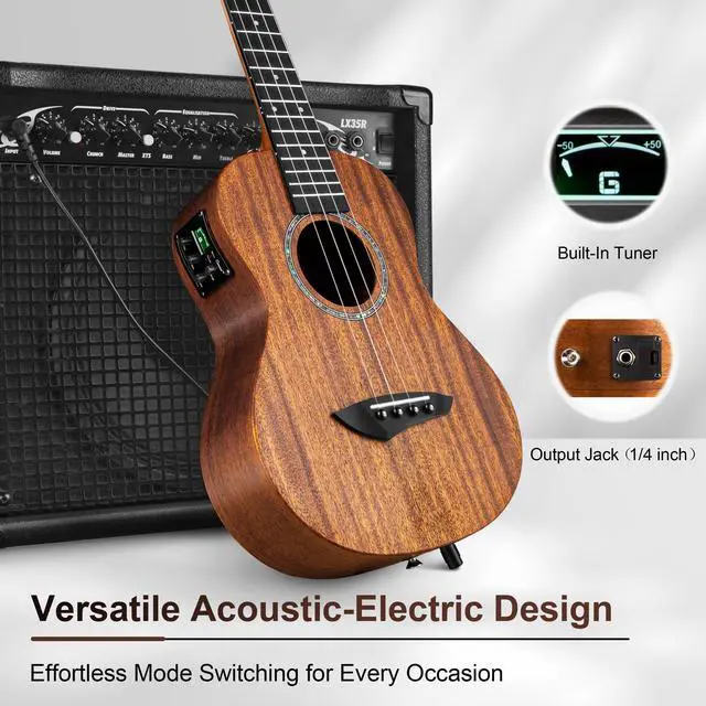 Alt view image 6 of 7 - 26 inch CT402 All Solid Mahogany Tenor Electric Ukulele | LCD color display Beginners Guitar Starter Pack Bundle Gig bag Strap Ukelele Set