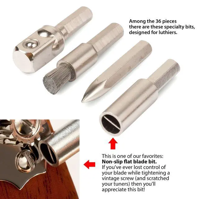 Alt view image 5 of 7 - Guitar Tech Screwdriver Set 36-Piece Bit Set for Guitar Hardware Compact No-Spill Case Magnetic Easy Grip Handle with Extender Professional Luthier & Repair Tool Kit