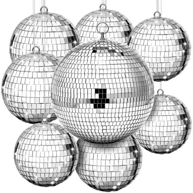 Main image of 8 Pcs Large Disco Ball Set Silver Mirror Disco Reflective Ball with Hanging Ring Party Ornament Decoration for Stage Club Ballroom Dance Hall Wedding Prom Props(8'', 6'', 4'')