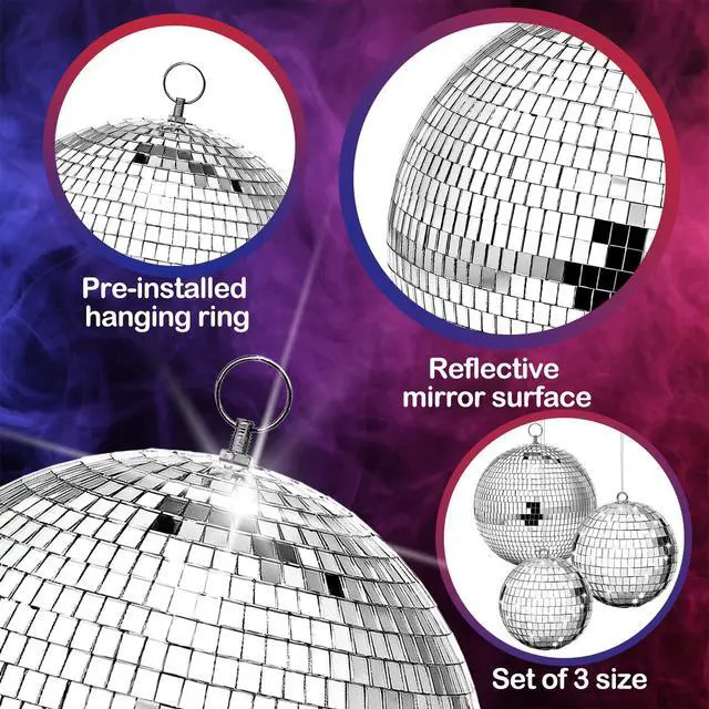 Alt view image 3 of 7 - 8 Pcs Large Disco Ball Set Silver Mirror Disco Reflective Ball with Hanging Ring Party Ornament Decoration for Stage Club Ballroom Dance Hall Wedding Prom Props(8'', 6'', 4'')