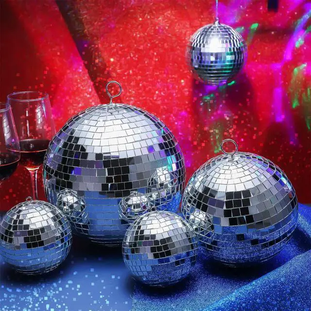 Alt view image 2 of 7 - 8 Pcs Large Disco Ball Set Silver Mirror Disco Reflective Ball with Hanging Ring Party Ornament Decoration for Stage Club Ballroom Dance Hall Wedding Prom Props(8'', 6'', 4'')