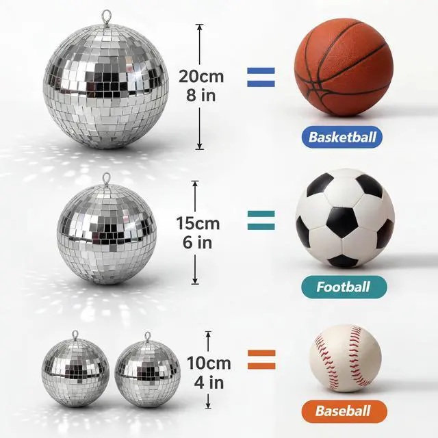 Alt view image 4 of 7 - 8 Pcs Large Disco Ball Set Silver Mirror Disco Reflective Ball with Hanging Ring Party Ornament Decoration for Stage Club Ballroom Dance Hall Wedding Prom Props(8'', 6'', 4'')