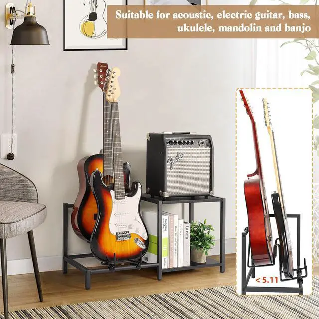 Alt view image 2 of 7 - Guitar Stand, 2-Tier Guitar Stands Floor with Guitar Amp Stand, Guitar Rack for Multiple Guitars and Guitar Accessories, Adjustable Guitar Holder, Guitar Display for Music Studio Home, Black