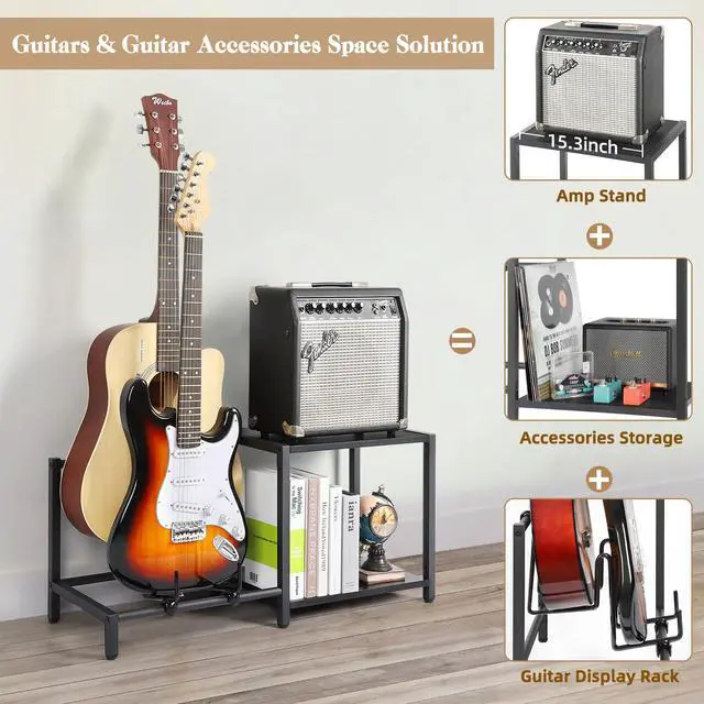Alt view image 3 of 7 - Guitar Stand, 2-Tier Guitar Stands Floor with Guitar Amp Stand, Guitar Rack for Multiple Guitars and Guitar Accessories, Adjustable Guitar Holder, Guitar Display for Music Studio Home, Black