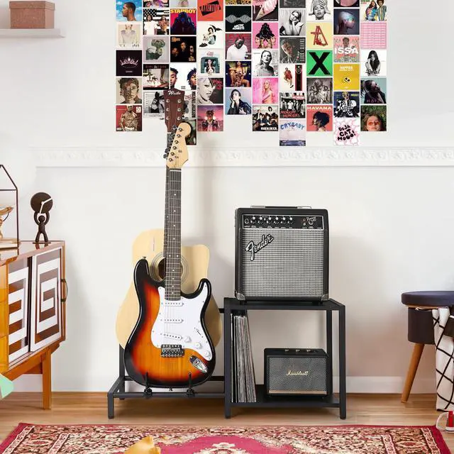 Alt view image 6 of 7 - Guitar Stand, 2-Tier Guitar Stands Floor with Guitar Amp Stand, Guitar Rack for Multiple Guitars and Guitar Accessories, Adjustable Guitar Holder, Guitar Display for Music Studio Home, Black