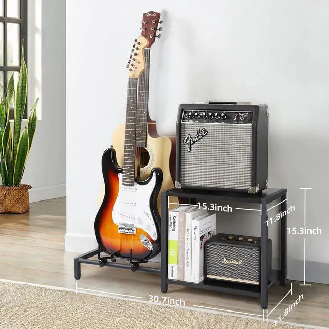 Alt view image 5 of 7 - Guitar Stand, 2-Tier Guitar Stands Floor with Guitar Amp Stand, Guitar Rack for Multiple Guitars and Guitar Accessories, Adjustable Guitar Holder, Guitar Display for Music Studio Home, Black