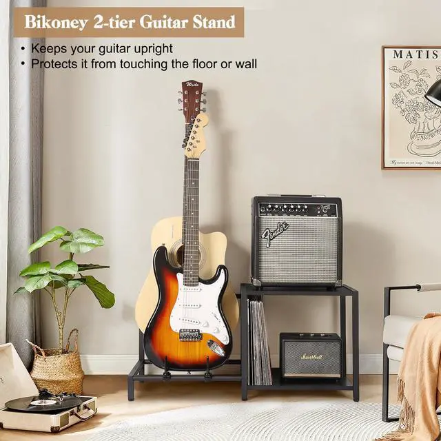 Alt view image 7 of 7 - Guitar Stand, 2-Tier Guitar Stands Floor with Guitar Amp Stand, Guitar Rack for Multiple Guitars and Guitar Accessories, Adjustable Guitar Holder, Guitar Display for Music Studio Home, Black