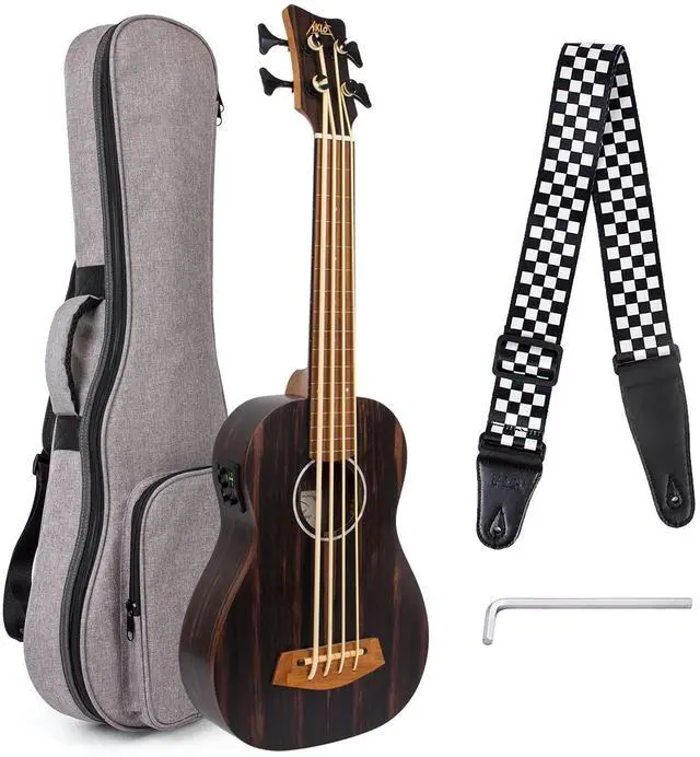 Main image of Electric Bass Ukulele, Baritone Fretless Ukelele Bass Uke 30 inch Ebony African Blackwood Professional E-A-D-G with Gig Bag Strap for Beginner Advanced