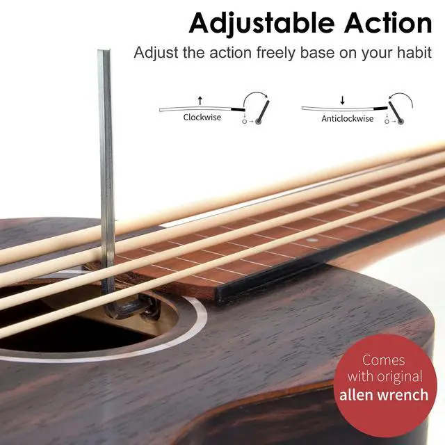Alt view image 4 of 7 - Electric Bass Ukulele, Baritone Fretless Ukelele Bass Uke 30 inch Ebony African Blackwood Professional E-A-D-G with Gig Bag Strap for Beginner Advanced