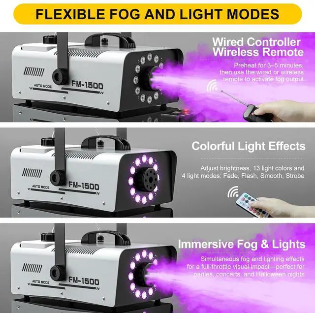 Alt view image 4 of 7 - Fog Machine Outdoor Halloween, 1500W 20000CFM Smoke Machine with LED Lights | 2L Tank, 13 Colors & 4 Light Modes, Dual Wireless Remotes, Ideal for Indoor Parties, Stages, Weddings, DJ, Events