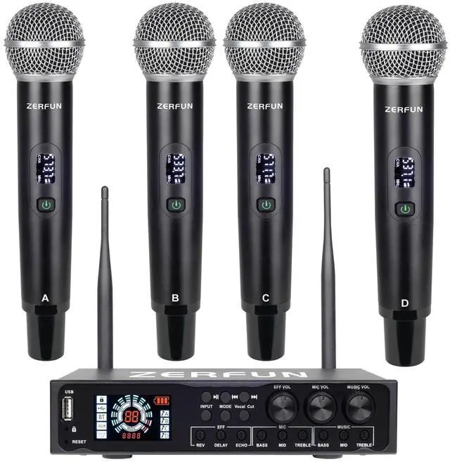 Main image of 4 Channel Rechargeable Wireless Microphone System Pro & Pre Effector, UHF Metal Handheld Cordless Mics with Vocal Cut, Bluetooth, USB Port, XLR, 1/4, Optical, RCA Input/Output, LCD Display