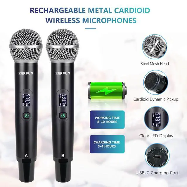 Alt view image 4 of 7 - 4 Channel Rechargeable Wireless Microphone System Pro & Pre Effector, UHF Metal Handheld Cordless Mics with Vocal Cut, Bluetooth, USB Port, XLR, 1/4, Optical, RCA Input/Output, LCD Display