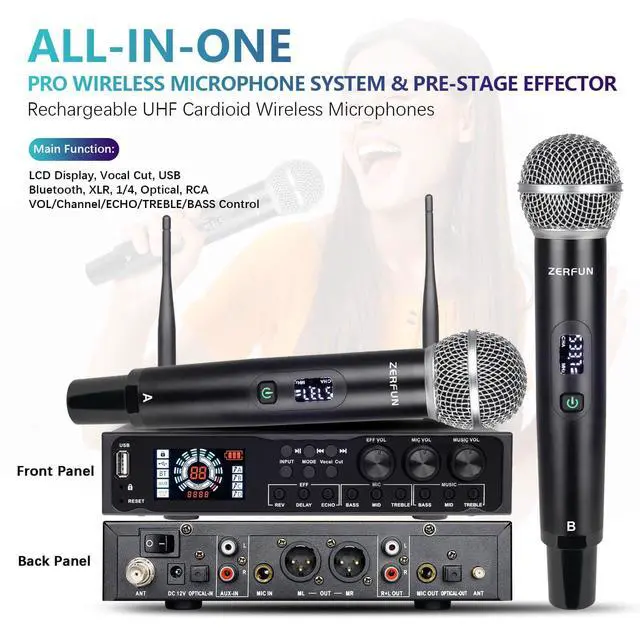 Alt view image 3 of 7 - 4 Channel Rechargeable Wireless Microphone System Pro & Pre Effector, UHF Metal Handheld Cordless Mics with Vocal Cut, Bluetooth, USB Port, XLR, 1/4, Optical, RCA Input/Output, LCD Display