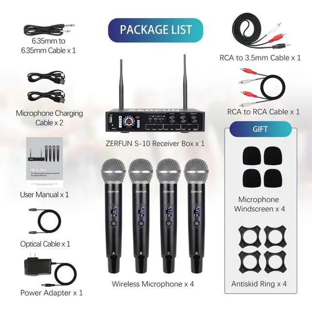 Alt view image 7 of 7 - 4 Channel Rechargeable Wireless Microphone System Pro & Pre Effector, UHF Metal Handheld Cordless Mics with Vocal Cut, Bluetooth, USB Port, XLR, 1/4, Optical, RCA Input/Output, LCD Display