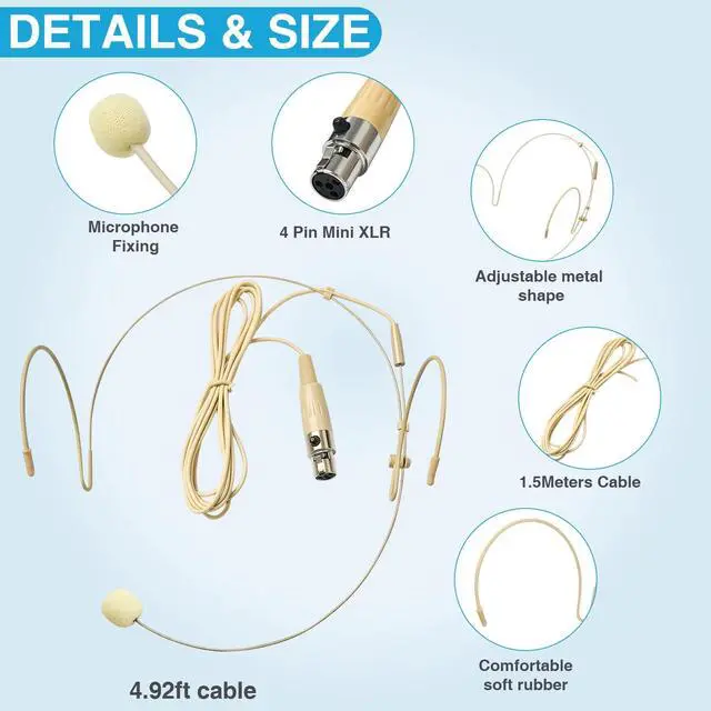 Alt view image 3 of 7 - 5 Pack Headset/Headworn Microphone Double Over Ear Earset Micophone for Singing Hands-Free Head Hanging Condenser Omnidirectional Mic for Shure,4 Pin Mini XLR,1.5M Cable,Windscreen