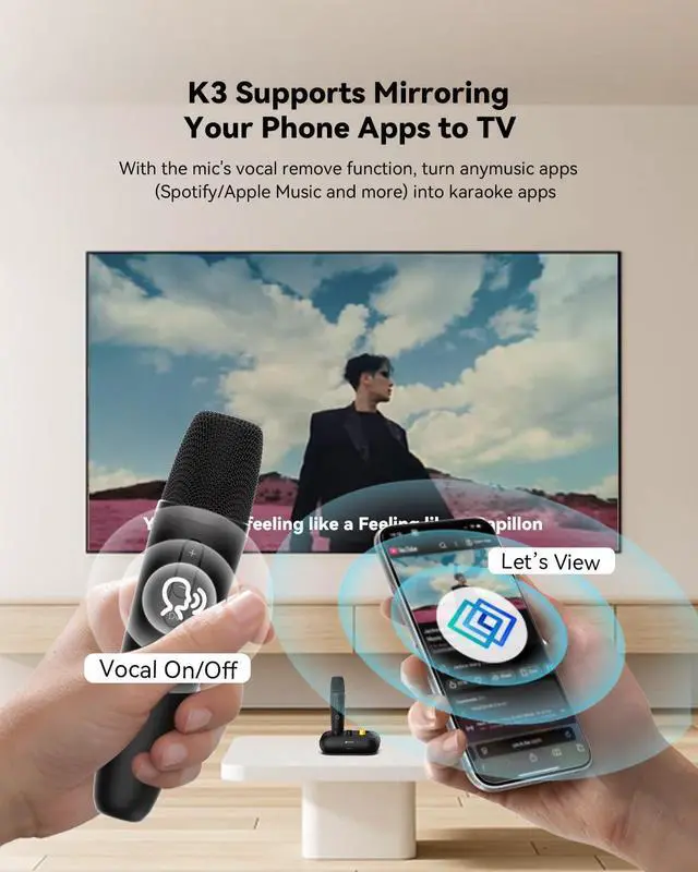 Alt view image 3 of 7 - K3 Karaoke Machine with 2 Mics,Millions of Free Songs (English/Spanish/Tagalog/Chinese/French/Portuguese/Italian/Korean/Vietnamese...) Home Karaoke System for TV & Projector