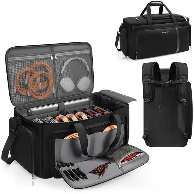 Main image of Large DJ Cable Organizer Bag, Padded Gig Bag with 8 Detachable Divider, Travel DJ Mixer Backpack for Musicians, Professional Multi-Pocket for 17" Laptop, Microphone, Cord, Headset & Music Accessories