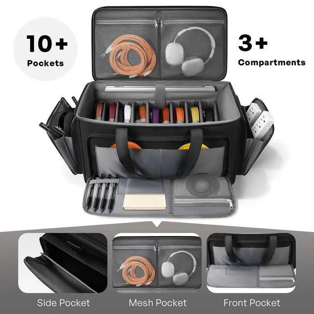 Alt view image 3 of 7 - Large DJ Cable Organizer Bag, Padded Gig Bag with 8 Detachable Divider, Travel DJ Mixer Backpack for Musicians, Professional Multi-Pocket for 17" Laptop, Microphone, Cord, Headset & Music Accessories