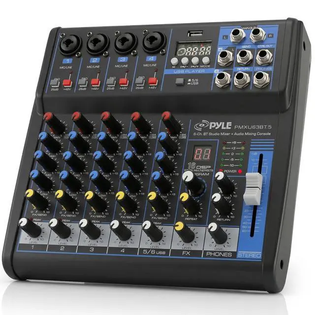 Alt view image 2 of 7 - 6 Channel Bluetooth Studio Mixer - USB Computer Recording, Built-In MP3 Player, +48V Phantom Power, 16-Bit DSP FX, 3-Band EQ, XLR Combo Inputs, DJ Sound Board -PMXU63BT.5