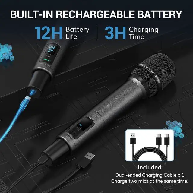 Alt view image 7 of 7 - Wireless Microphones, UHF Rechargeable Cordless Karaoke Mics with Box Receiver, 2x100 Channel Dynamic Microfonos Inalambricos Professional with Adjustable Volume, Quick Mute, 80 m/262ft TW550