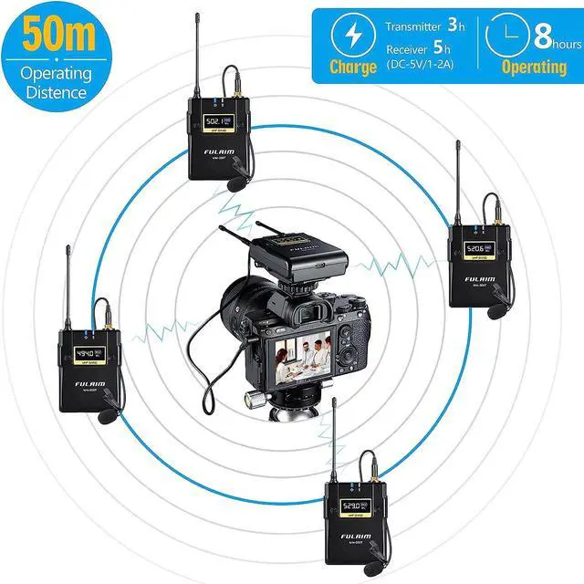 Alt view image 2 of 7 - WM500 UHF Wireless Lavalier Microphone System, 16-Channel Lavalier Lapel Mic with Rechargeable Transmitter and Receiver for Recording YouTube, Interview, Vlogging, Conference - 4 X Transmitters