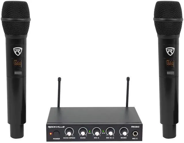 Main image of RKI60 Dual UHF Wireless Microphone Karaoke Interface and Mixer | 2 UHF Mics, 8 Frequencies, 200 Ft Range, Optical/Coax/Aux Inputs, 1/4" Mix Output, Echo Control, Cables Included