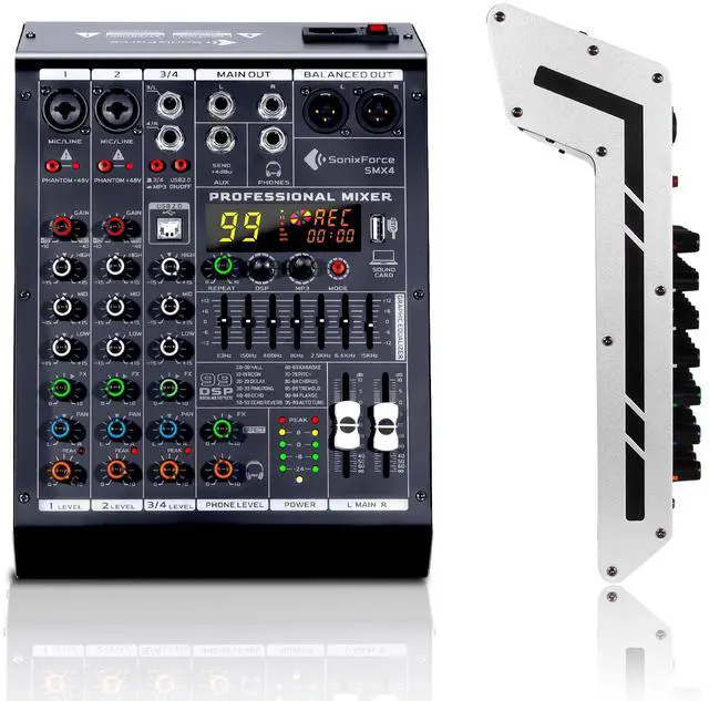 Main image of 4 Channel Audio Mixer, 99 DSP Effects Sound Board Console | 4 Channel DJ Mixer for Recording & Streaming, USB Drive, Media Playback, PC Audio Interface, EQ Control, 48V Phantom Power