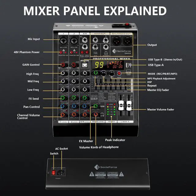 Alt view image 2 of 7 - 4 Channel Audio Mixer, 99 DSP Effects Sound Board Console | 4 Channel DJ Mixer for Recording & Streaming, USB Drive, Media Playback, PC Audio Interface, EQ Control, 48V Phantom Power