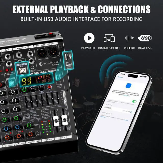 Alt view image 4 of 7 - 4 Channel Audio Mixer, 99 DSP Effects Sound Board Console | 4 Channel DJ Mixer for Recording & Streaming, USB Drive, Media Playback, PC Audio Interface, EQ Control, 48V Phantom Power