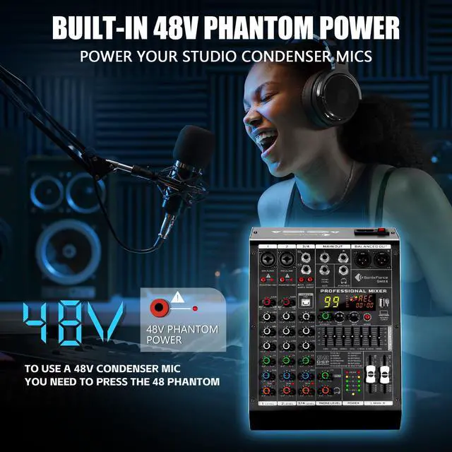 Alt view image 5 of 7 - 4 Channel Audio Mixer, 99 DSP Effects Sound Board Console | 4 Channel DJ Mixer for Recording & Streaming, USB Drive, Media Playback, PC Audio Interface, EQ Control, 48V Phantom Power