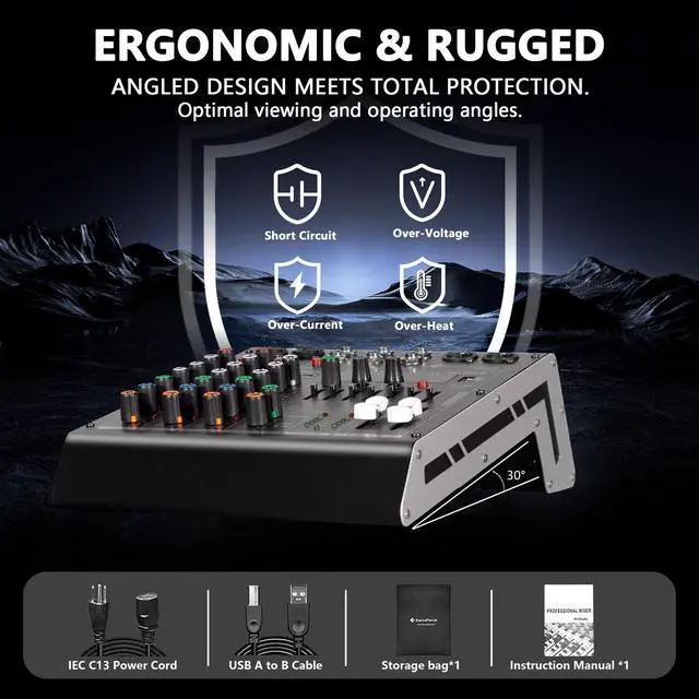 Alt view image 7 of 7 - 4 Channel Audio Mixer, 99 DSP Effects Sound Board Console | 4 Channel DJ Mixer for Recording & Streaming, USB Drive, Media Playback, PC Audio Interface, EQ Control, 48V Phantom Power